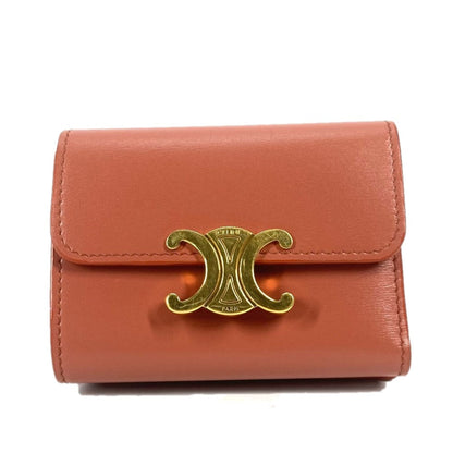 CELINE Trifold wallet leather Brown Triomphe Compact wallet with coin pocket Women Used Authentic