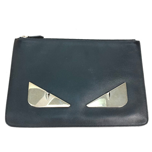 FENDI Clutch bag 7N0078 leather black Monster Bugs mens Used Authentic