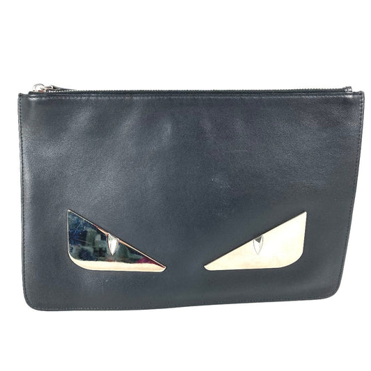 FENDI Clutch bag 7N0078 leather black Monster Bugs mens Used Authentic