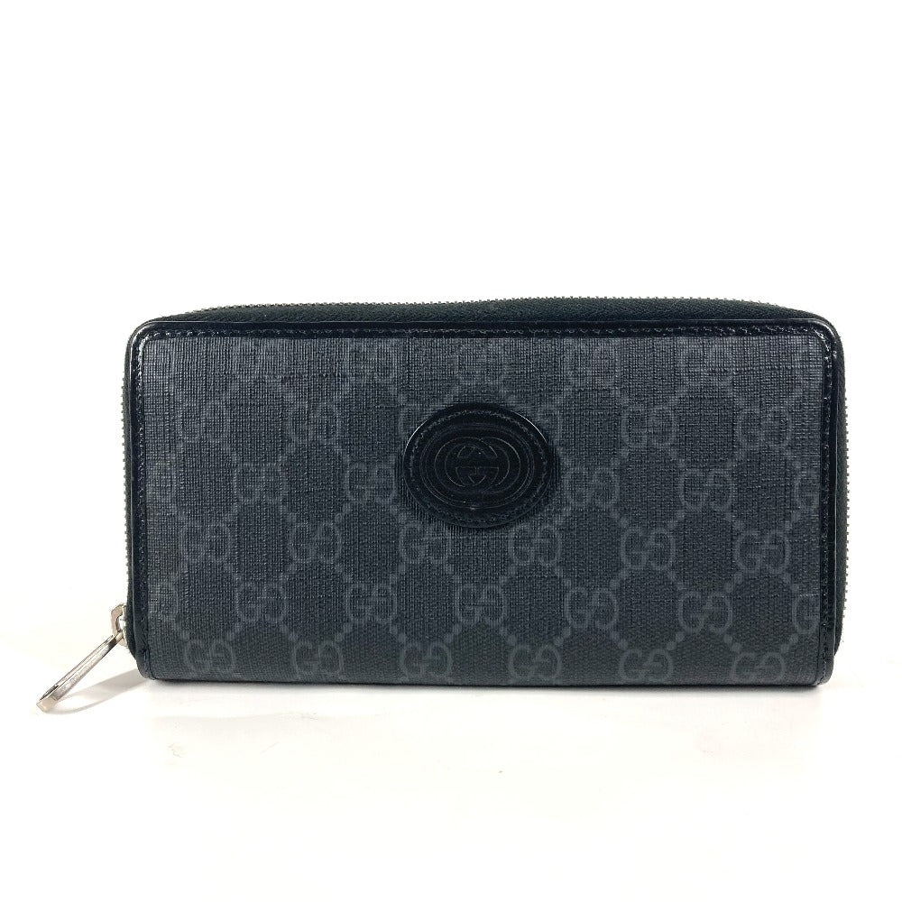 GUCCI Long Wallet Purse 673003 GG Supreme Canvas black GG Supreme Interlocking G zip-around wallet mens Used Authentic