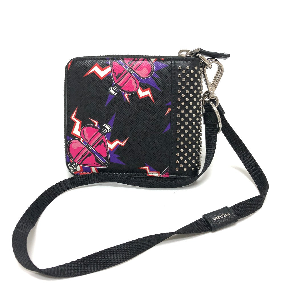PRADA Folded wallet 2ML221 saffiano leather Black x pink Studs with strap and key ring Frankenheart Women Secondhand Authentic