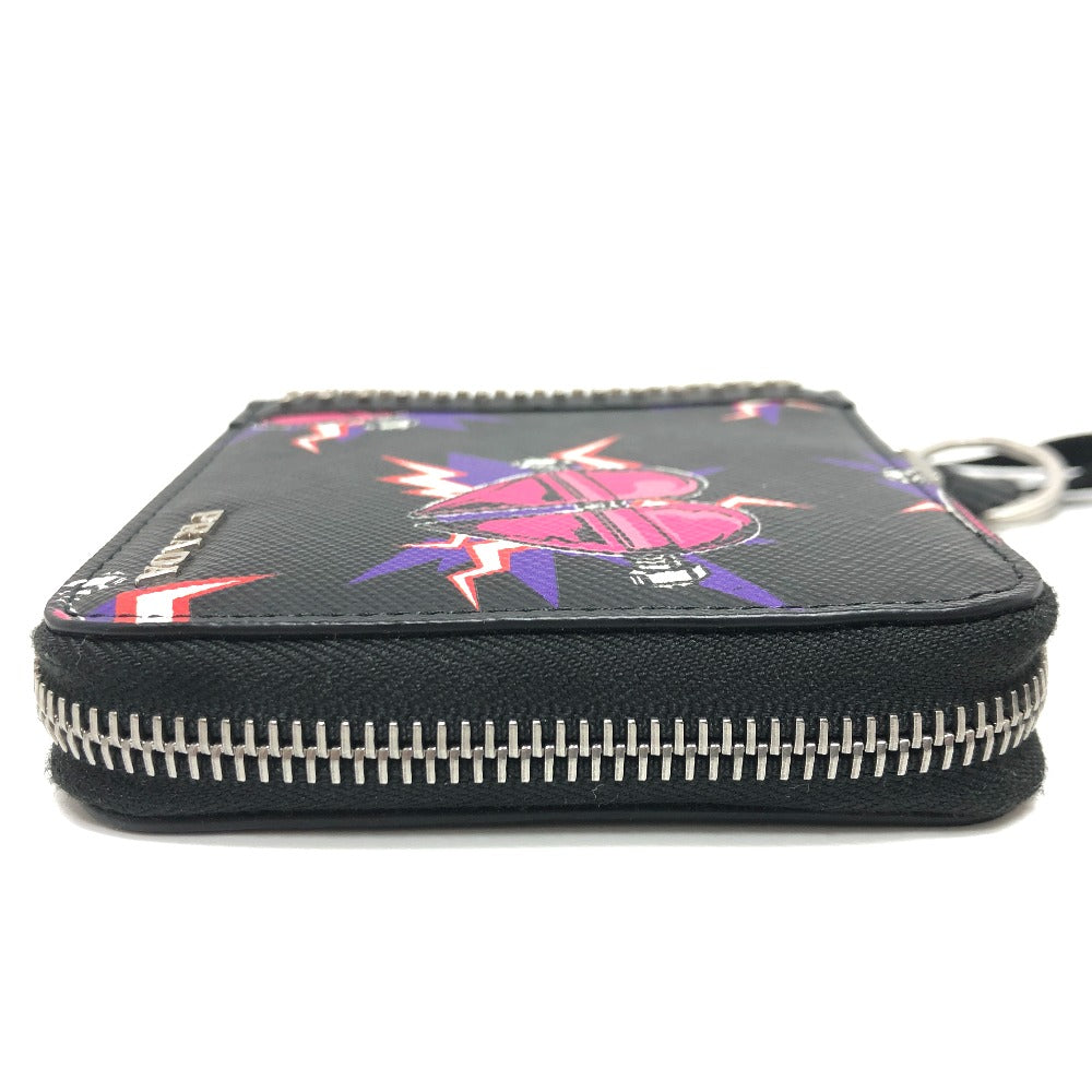PRADA Folded wallet 2ML221 saffiano leather Black x pink Studs with strap and key ring Frankenheart Women Secondhand Authentic