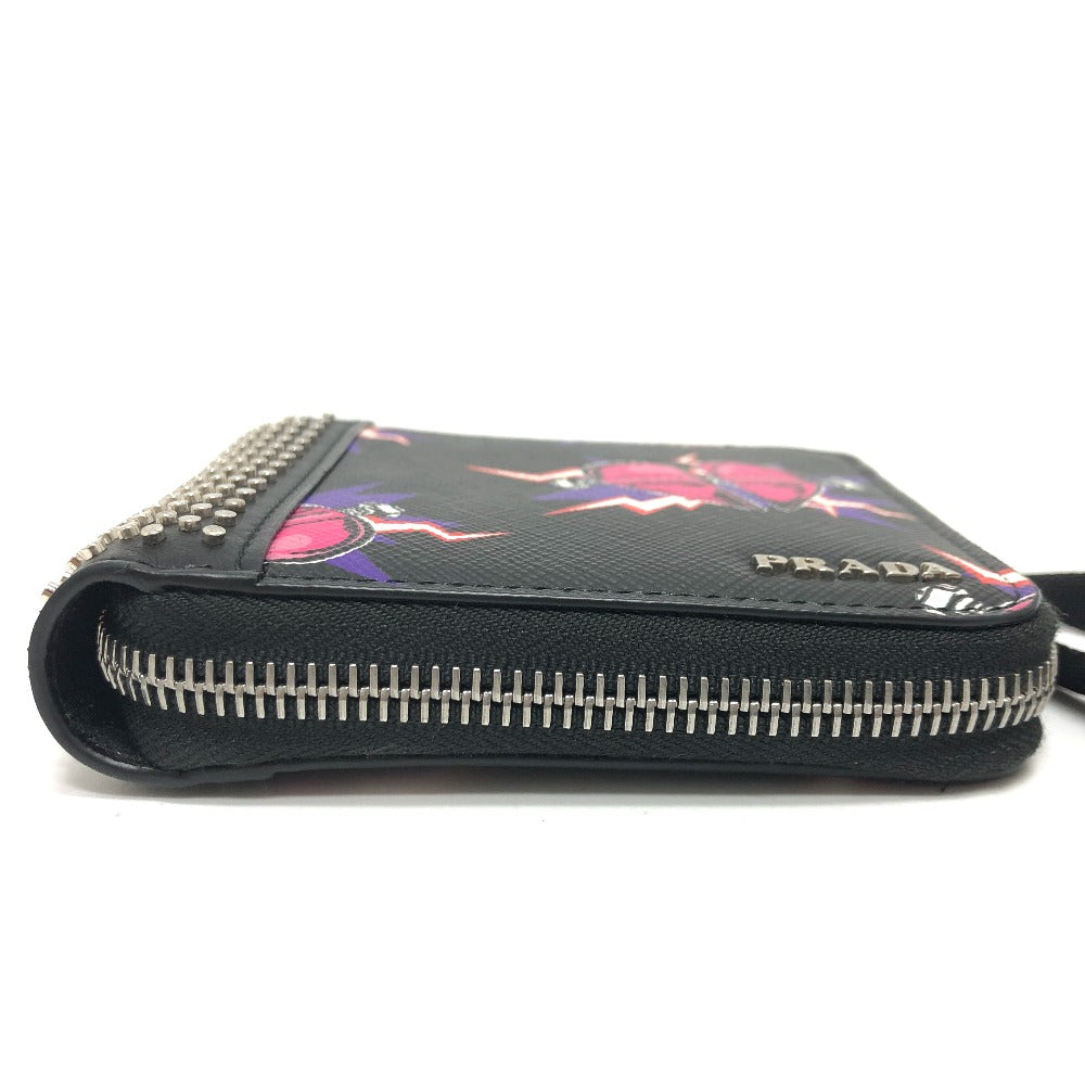 PRADA Folded wallet 2ML221 saffiano leather Black x pink Studs with strap and key ring Frankenheart Women Secondhand Authentic