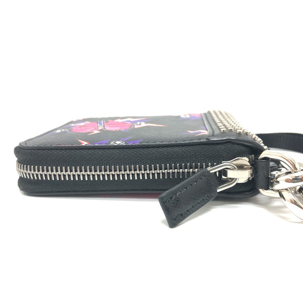PRADA Folded wallet 2ML221 saffiano leather Black x pink Studs with strap and key ring Frankenheart Women Secondhand Authentic