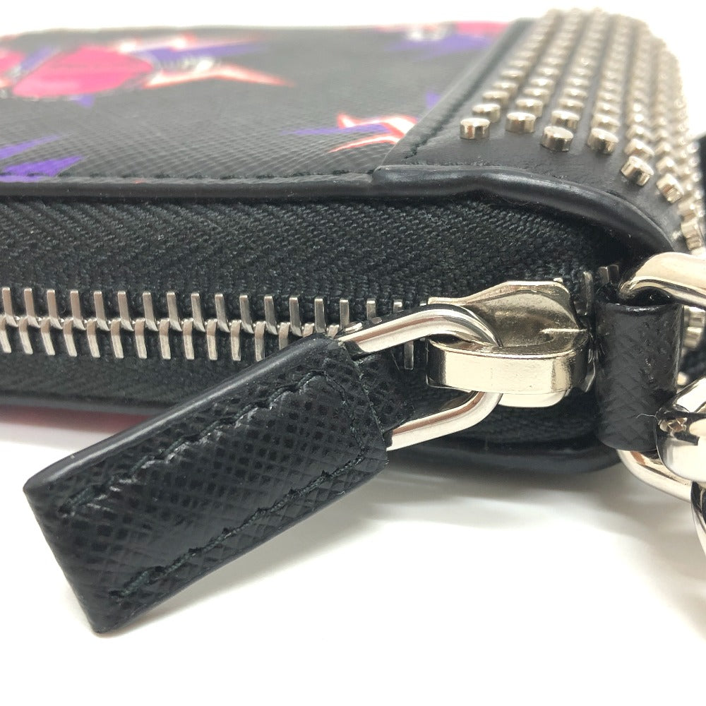 PRADA Folded wallet 2ML221 saffiano leather Black x pink Studs with strap and key ring Frankenheart Women Secondhand Authentic