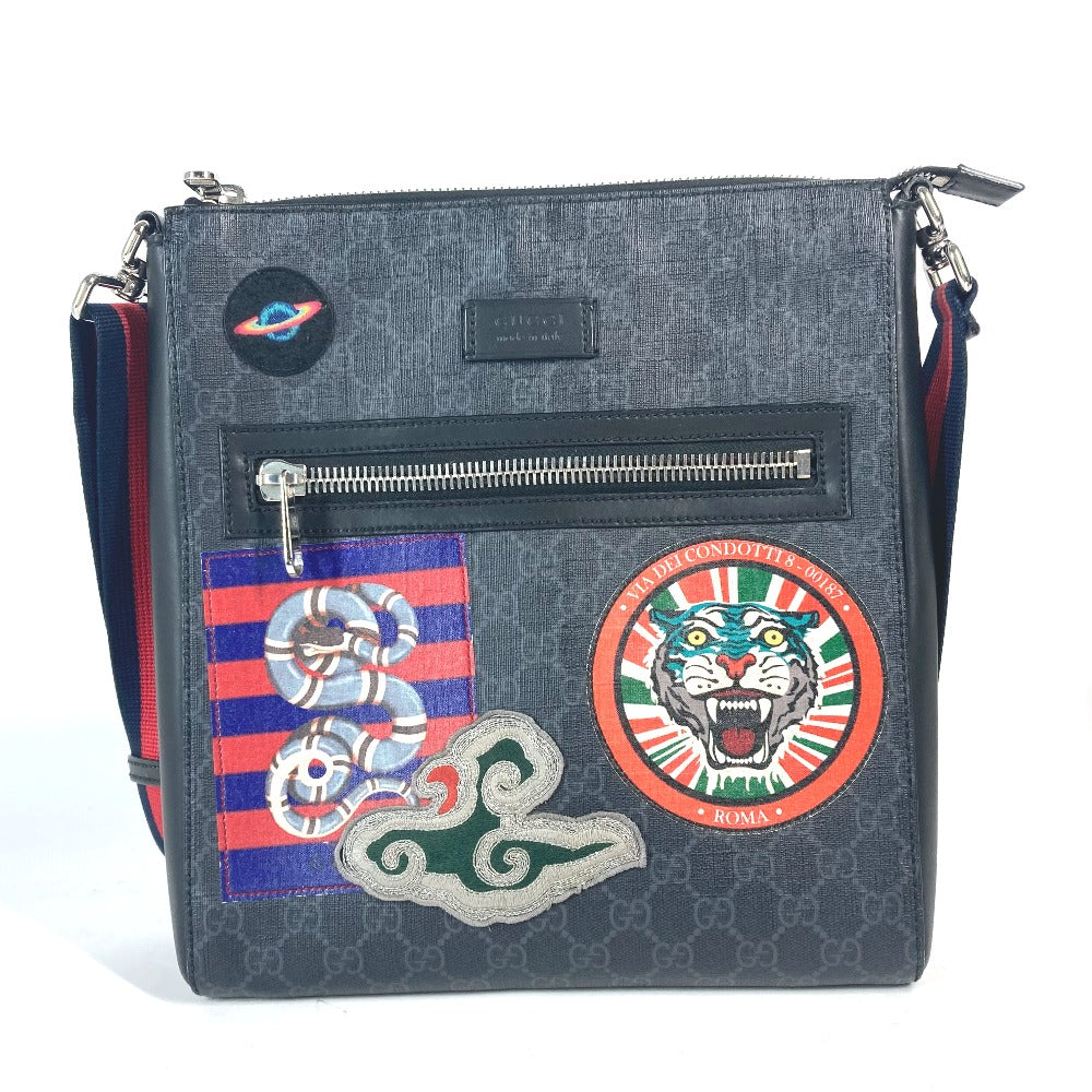 GUCCI Shoulder Bag 474137 GG Supreme Canvas Black x multicolor GG Tiger patch Courier mens Used Authentic
