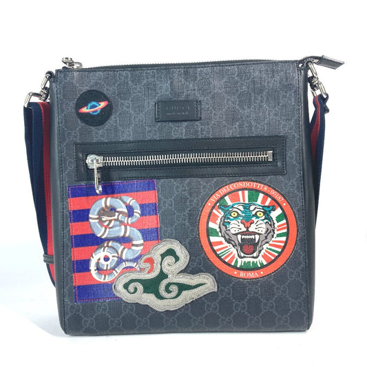 GUCCI Shoulder Bag 474137 GG Supreme Canvas Black x multicolor GG Tiger patch Courier mens Used Authentic