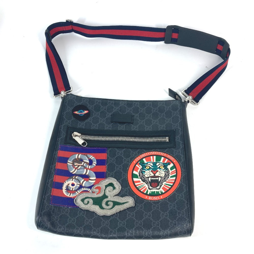 GUCCI Shoulder Bag 474137 GG Supreme Canvas Black x multicolor GG Tiger patch Courier mens Used Authentic