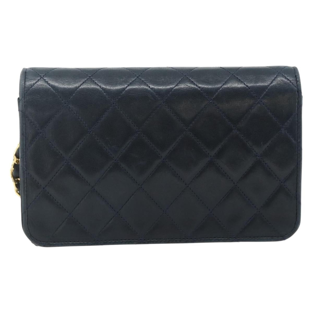 CHANEL Push Lock Chain Shoulder Bag Lambskin Navy Gold CC