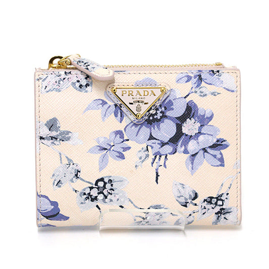 PRADA Bifold Wallet 1ML050 Safiano leather Ivory Flower print Safiano leather Women Used Authentic
