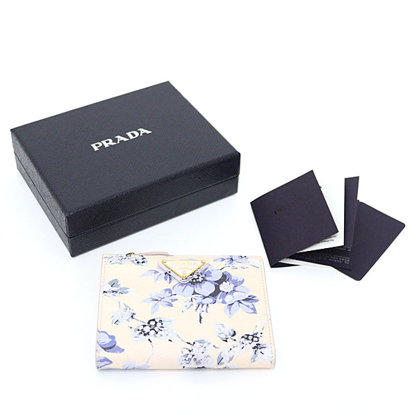 PRADA Bifold Wallet 1ML050 Safiano leather Ivory Flower print Safiano leather Women Used Authentic