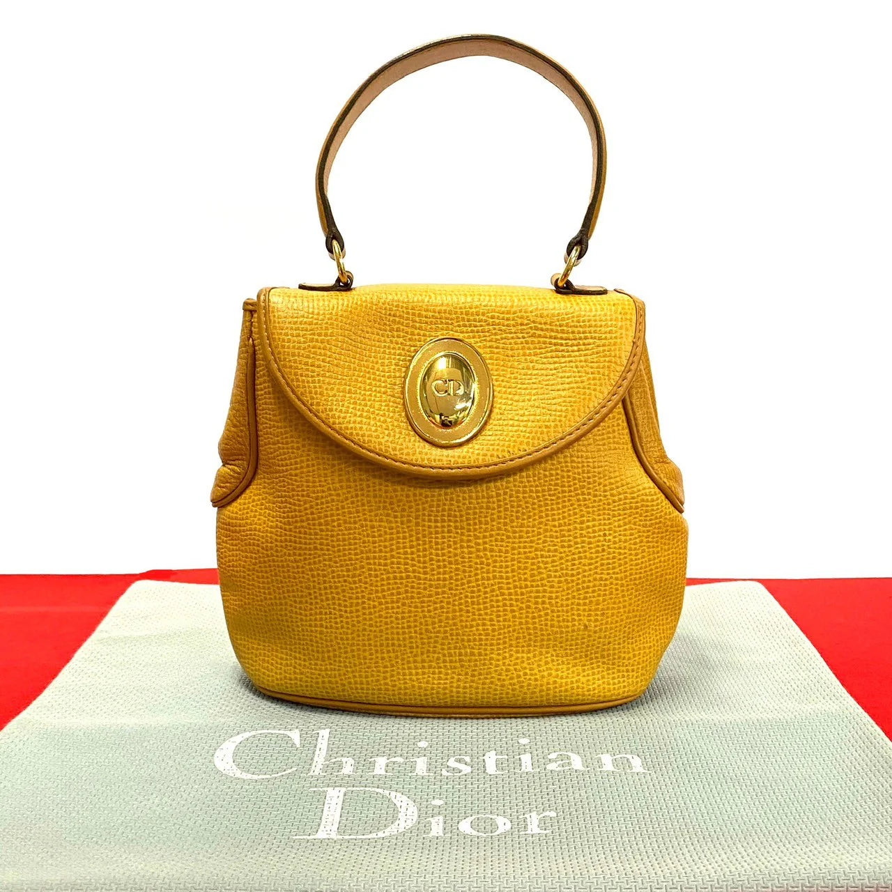 DIOR Top Handle Handbag Yellow Leather CD Metal Logo