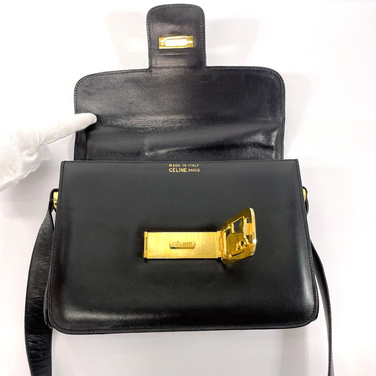 CELINE Shoulder Bag leather black Carriage Metal