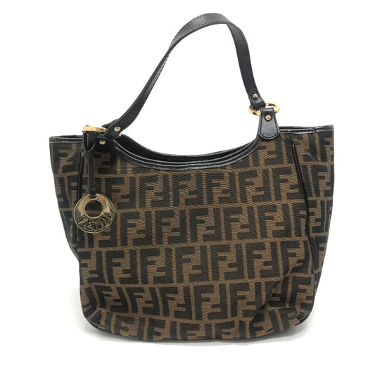 FENDI Tote Bag 8BH156 Canvas / leather Brown typex Gold Metal Zucca logo Logo charm Women Used Authentic