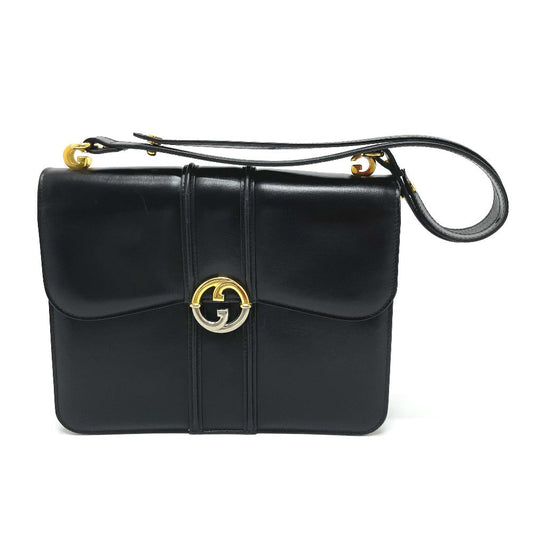 GUCCI Shoulder Bag leather black GGMetal Old Gucci Women Used Authentic
