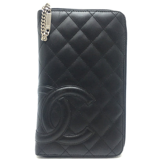 CHANEL Long Wallet Purse A26710 Calf leather Black x pink Cambon line organizer Women Used Authentic