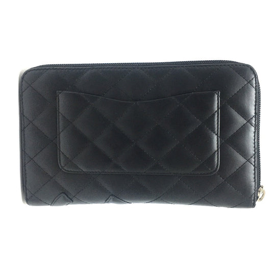 CHANEL Long Wallet Purse A26710 Calf leather Black x pink Cambon line organizer Women Used Authentic