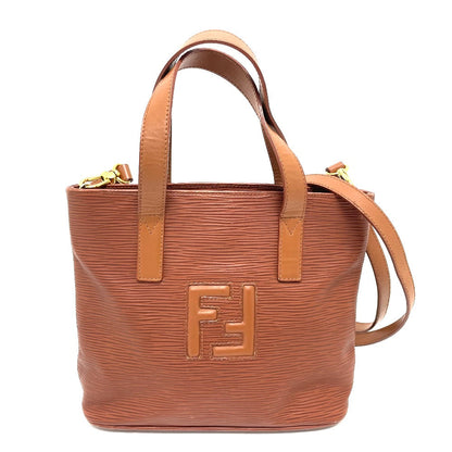 FENDI Handbag leather Brown FF logo Handbag Women Used Authentic
