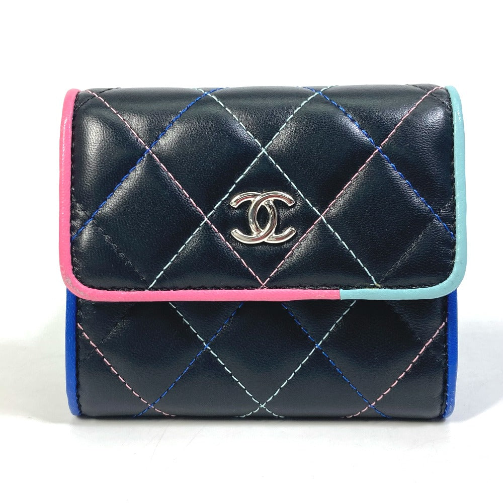 CHANEL Trifold wallet lambskin black CC COCO Mark Small flap Women Used Authentic