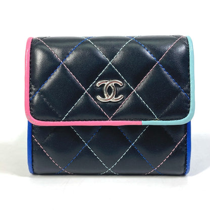 CHANEL Trifold wallet lambskin black CC COCO Mark Small flap Women Used Authentic