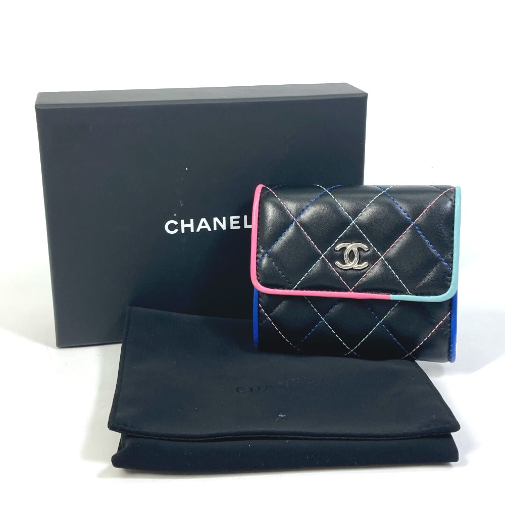 CHANEL Trifold wallet lambskin black CC COCO Mark Small flap Women Used Authentic