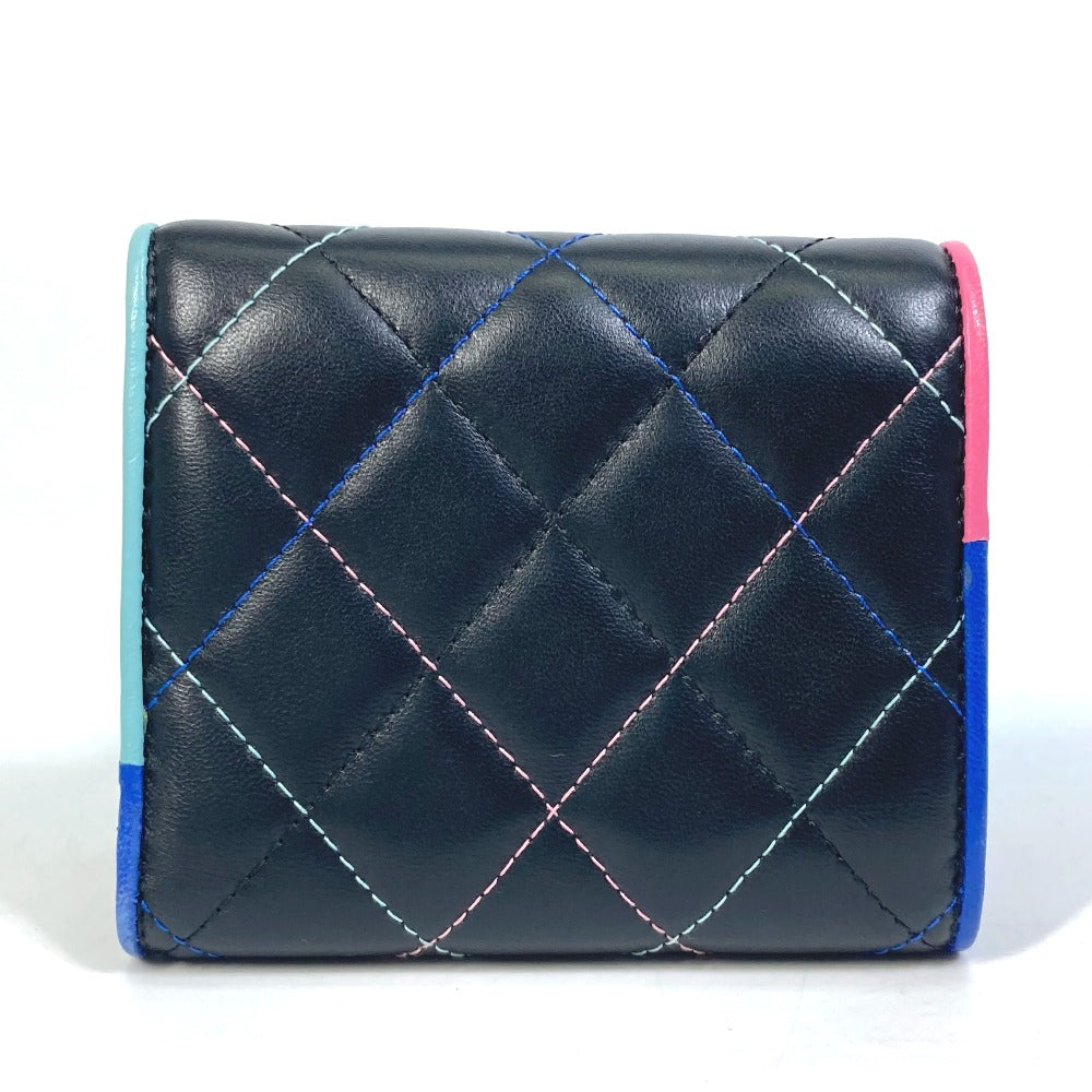 CHANEL Trifold wallet lambskin black CC COCO Mark Small flap Women Used Authentic