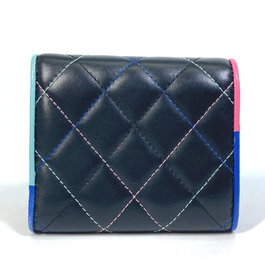 CHANEL Trifold wallet lambskin black CC COCO Mark Small flap Women Used Authentic