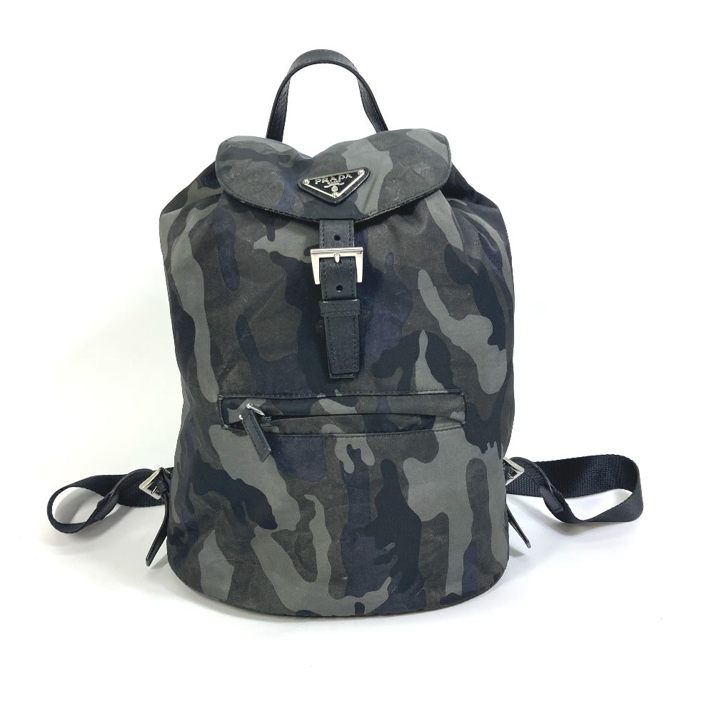 PRADA Backpack Nylon, Saffiano leather green Triangle logo camouflage camouflage saffiano