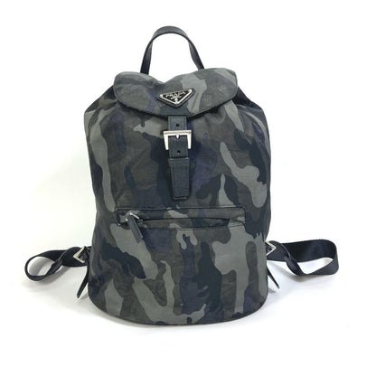 PRADA Backpack Nylon, Saffiano leather green Triangle logo camouflage camouflage saffiano