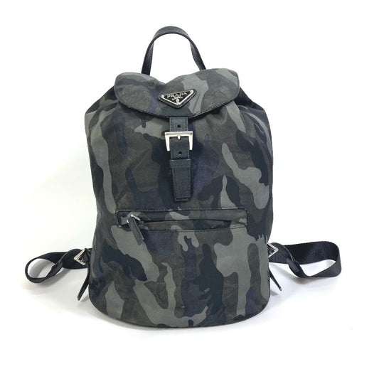 PRADA Backpack Nylon, Saffiano leather green Triangle logo camouflage camouflage saffiano