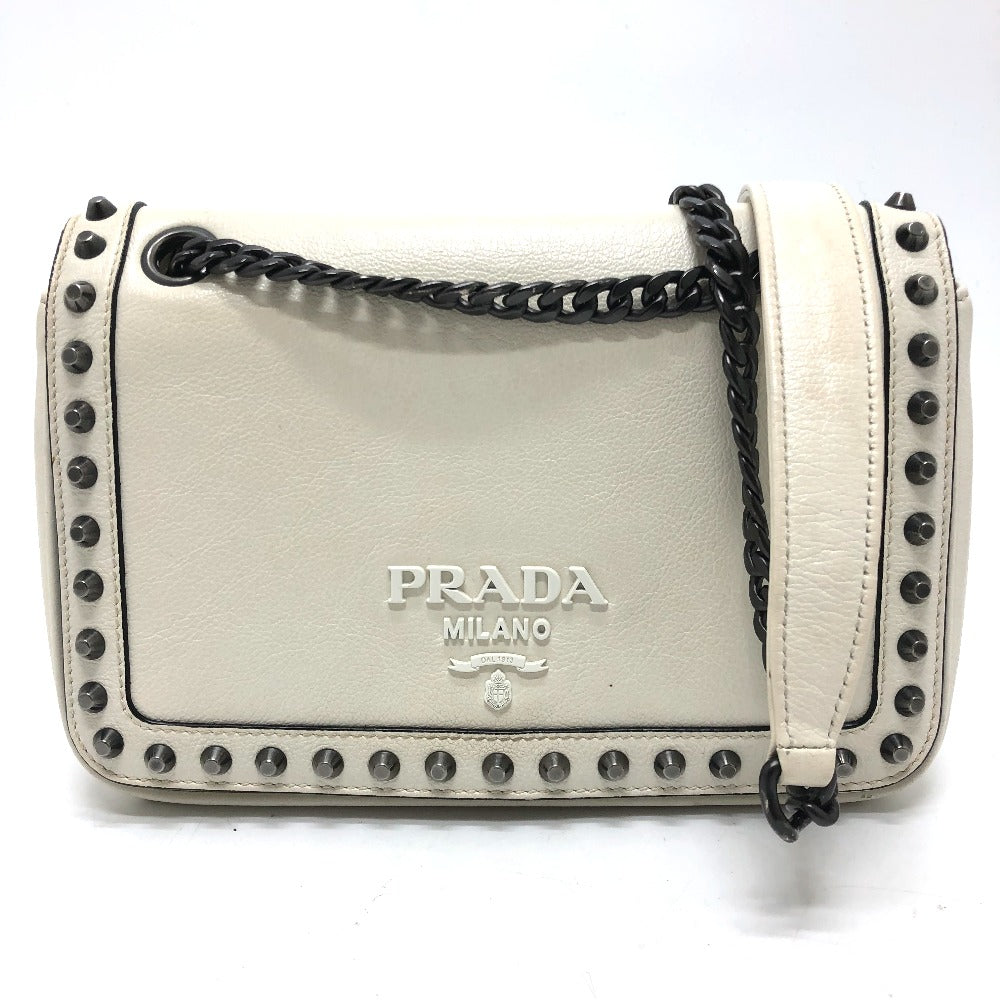 PRADA Shoulder Bag 1BD147 leather white logo studs ChainShoulder Women Used Authentic