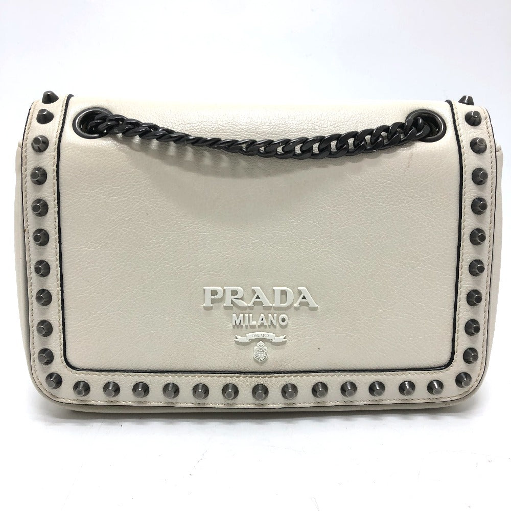 PRADA Shoulder Bag 1BD147 leather white logo studs ChainShoulder Women Used Authentic