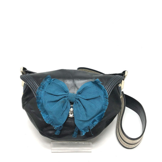 CELINE Shoulder Bag 115/130 leather black ribbon Crossbody Women Used Authentic