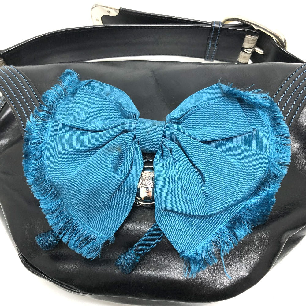 CELINE Shoulder Bag 115/130 leather black ribbon Crossbody Women Used Authentic