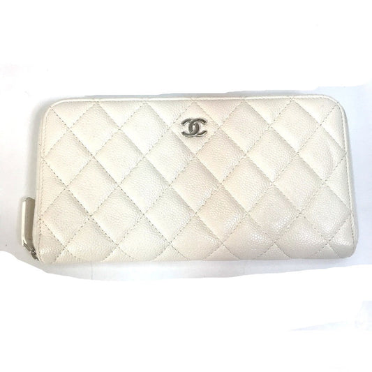 CHANEL Long Wallet Purse A50097 Caviar skin white Matelasse CC COCO Mark Zip Around Women Used Authentic