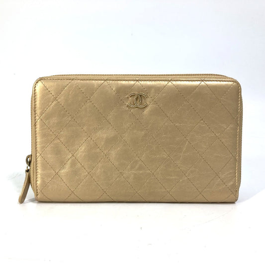 CHANEL Long Wallet Purse Calfskin gold COCO Mark CC Matrasse quilting Women Used Authentic