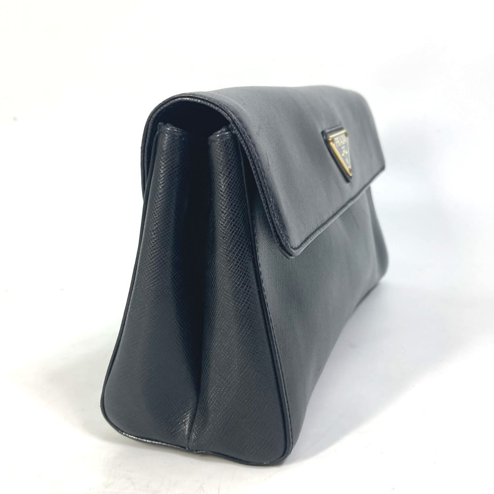 PRADA Clutch bag saffiano leather black Triangle logo plate Women Used Authentic