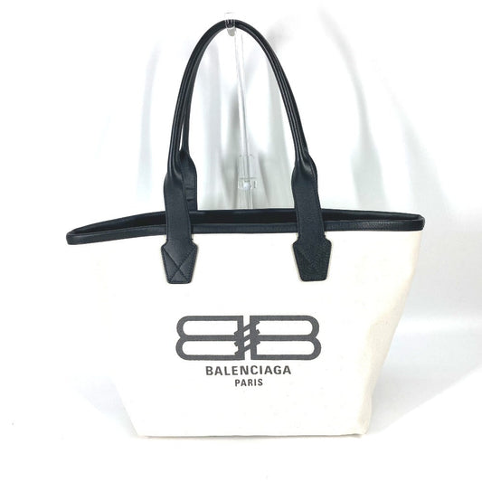 BALENCIAGA Tote Bag 692068 Canvas / leather white By color jumbo logo small Women Used Authentic