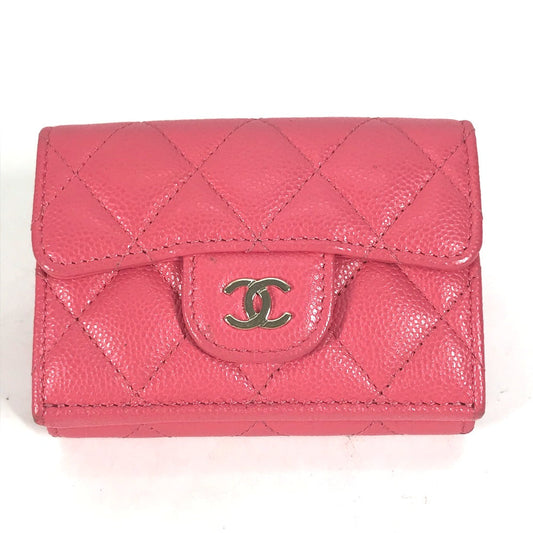 CHANEL Trifold wallet Caviar skin pink quilting CC COCO Mark Matelasse Women Used Authentic