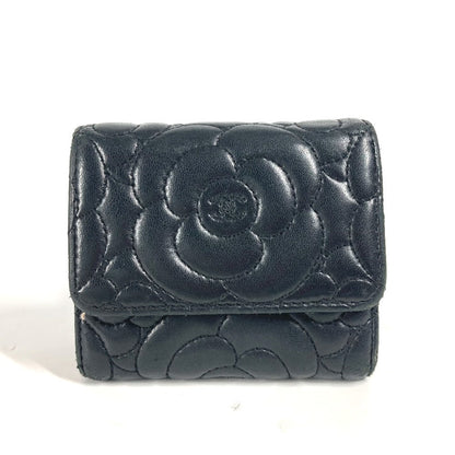 CHANEL Trifold wallet leather black By color Camelia Women Used Authentic