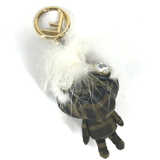 FENDI Bag charm canvas Brown Fur Rhinestones ZUCCA logo monster space monkey Women Used Authentic