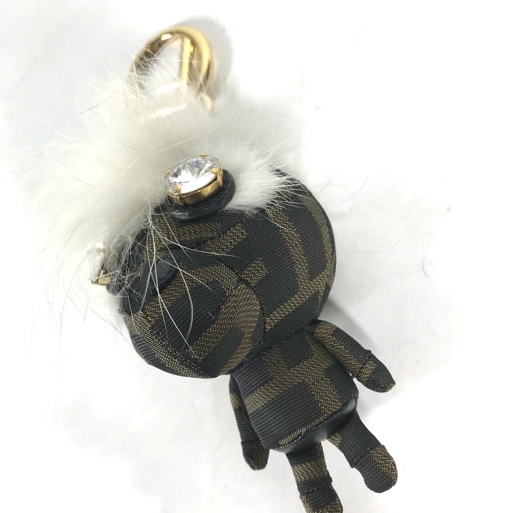 FENDI Bag charm canvas Brown Fur Rhinestones ZUCCA logo monster space monkey Women Used Authentic