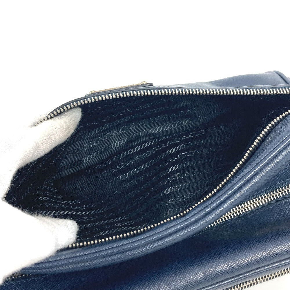 PRADA Clutch bag saffiano leather Navy Triangle logo plate unisex(Unisex) Used Authentic