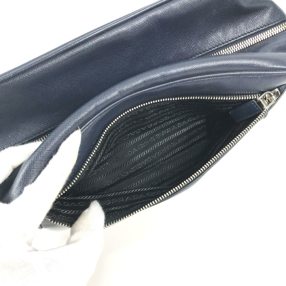 PRADA Clutch bag saffiano leather Navy Triangle logo plate unisex(Unisex) Used Authentic