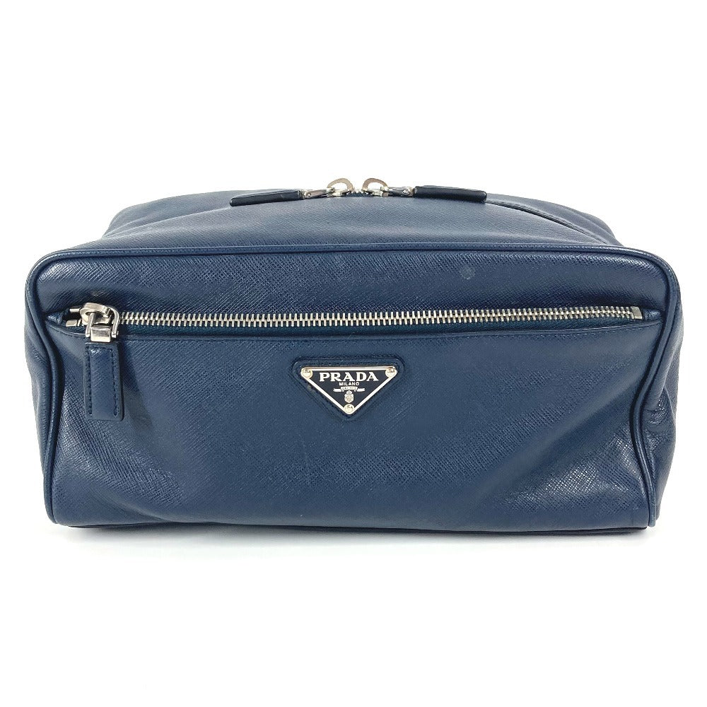 PRADA Clutch bag saffiano leather Navy Triangle logo plate unisex(Unisex) Used Authentic