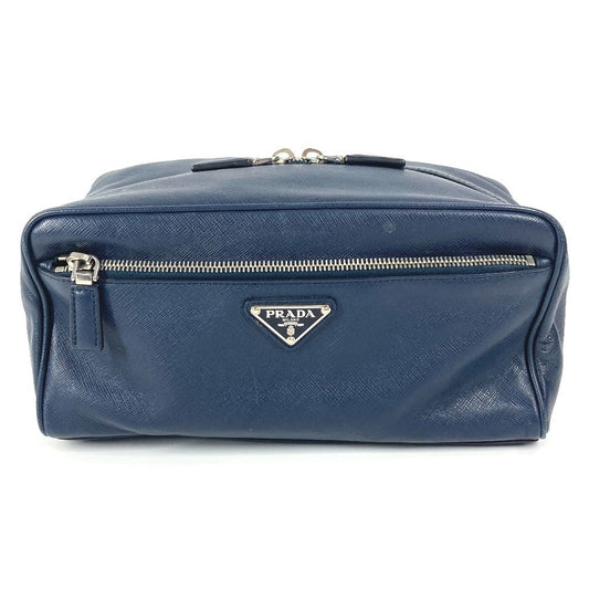 PRADA Clutch bag saffiano leather Navy Triangle logo plate unisex(Unisex) Used Authentic