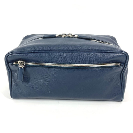 PRADA Clutch bag saffiano leather Navy Triangle logo plate unisex(Unisex) Used Authentic