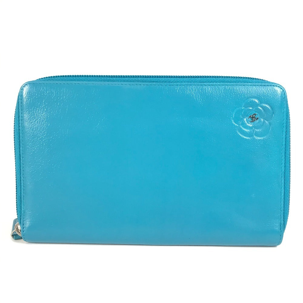 CHANEL Long Wallet Purse leather blue Camellia CC COCO Mark