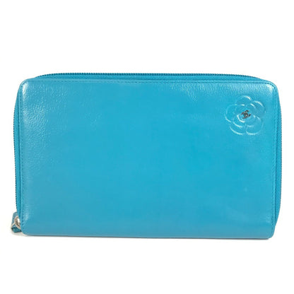 CHANEL Long Wallet Purse leather blue Camellia CC COCO Mark