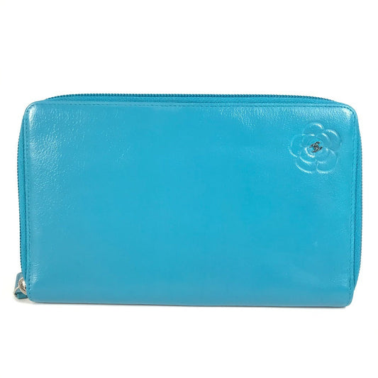 CHANEL Long Wallet Purse leather blue Camellia CC COCO Mark